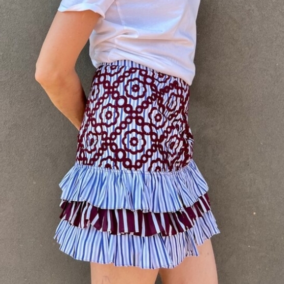 NEW Sandro Paris embroidered floral striped flounce ruffle mini skirt 1 XS - Picture 4 of 9